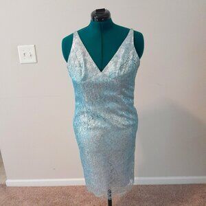 Blue Silver Metallic Lace Fitted Cocktail Dress